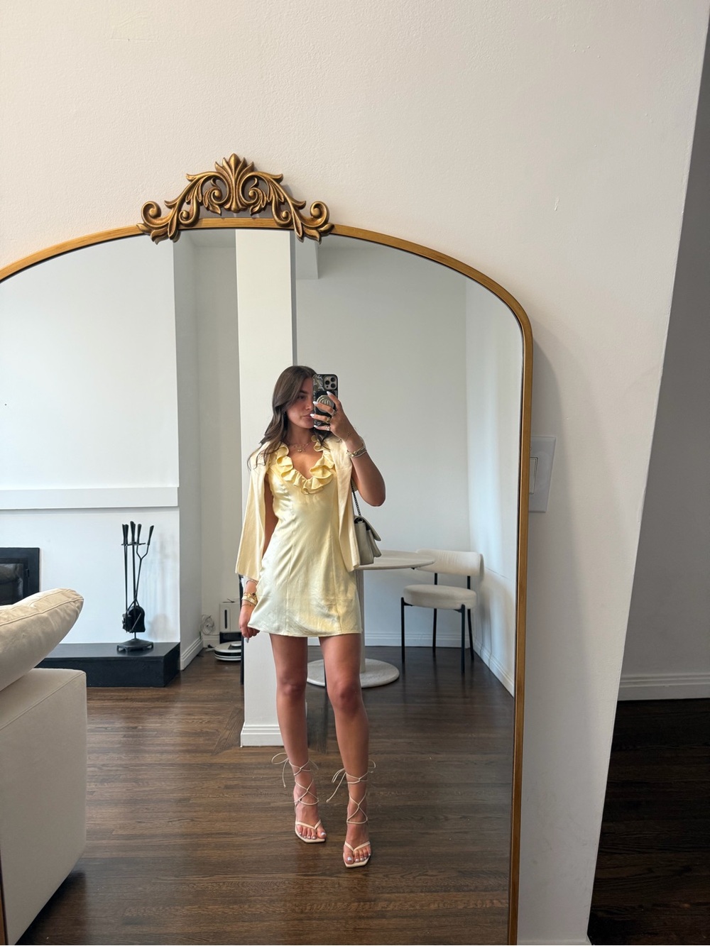 Yellow Ruffle-Trim Satin Mini Dress